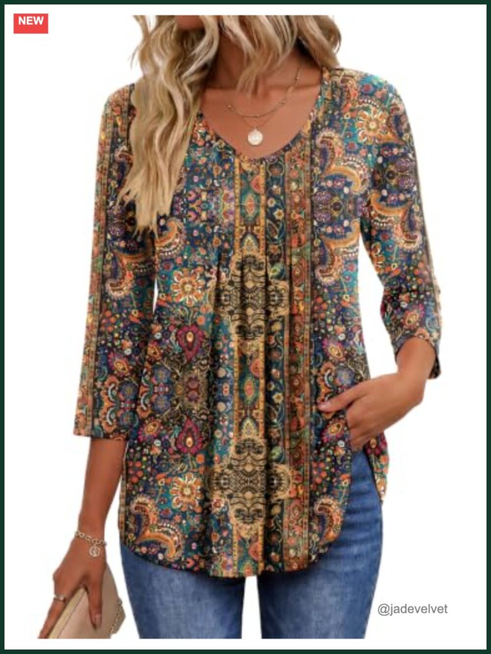 Womens V-Neck Pleated Blouse 3/4 Sleeve Casual Tunic Top